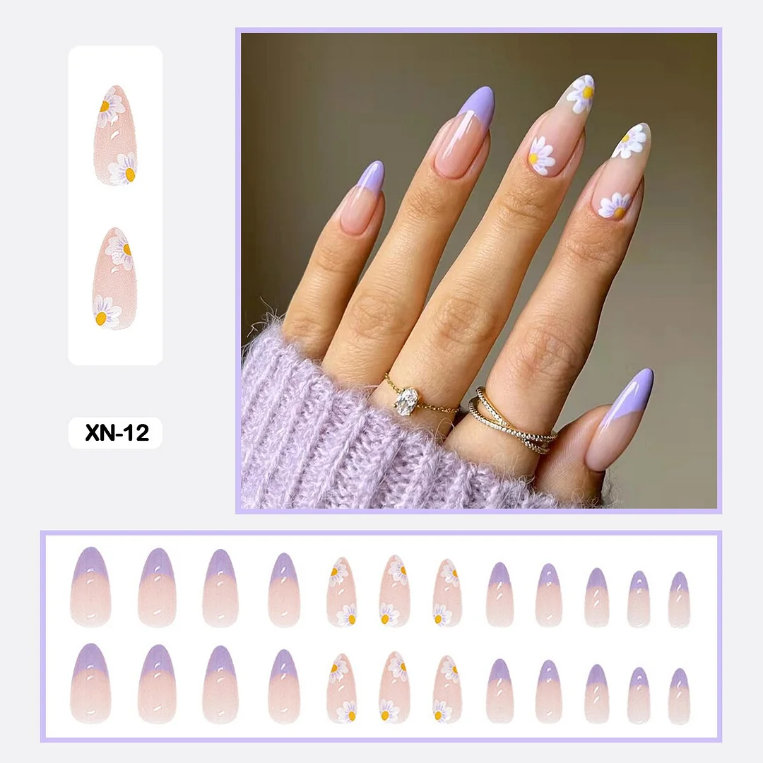 24pcs Fresh Lovely Pink Purple Blue Summer Flower Water Drop Shaped Fake Nails With Glue Wearable False Nails With Wearing Tools-Nail Inspo