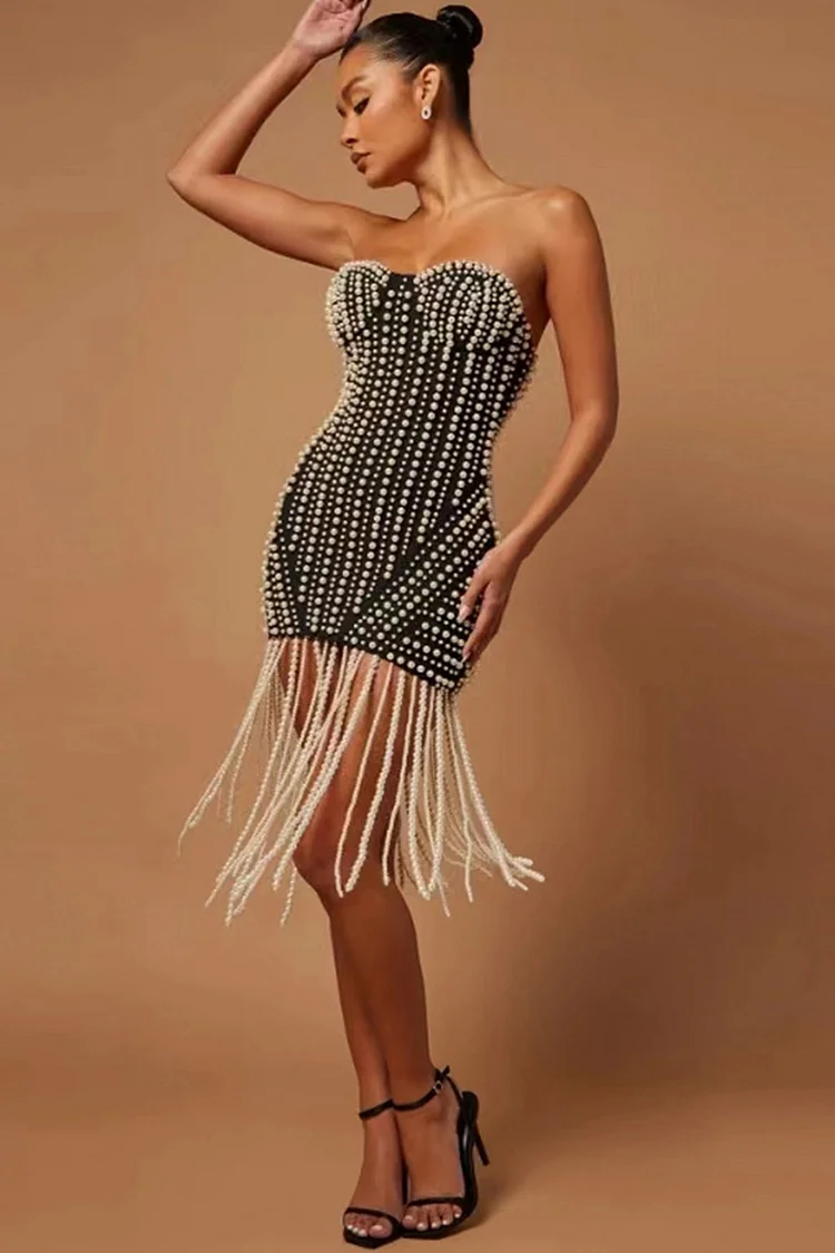 Pearl Embellished Long Fringe Strapless Mini Dress-Black
