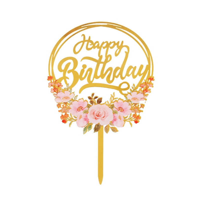 Acrylic Cake Topper Ins Style Floral Uv Color Printing Happy Birthday Dessert Decoration Plugin