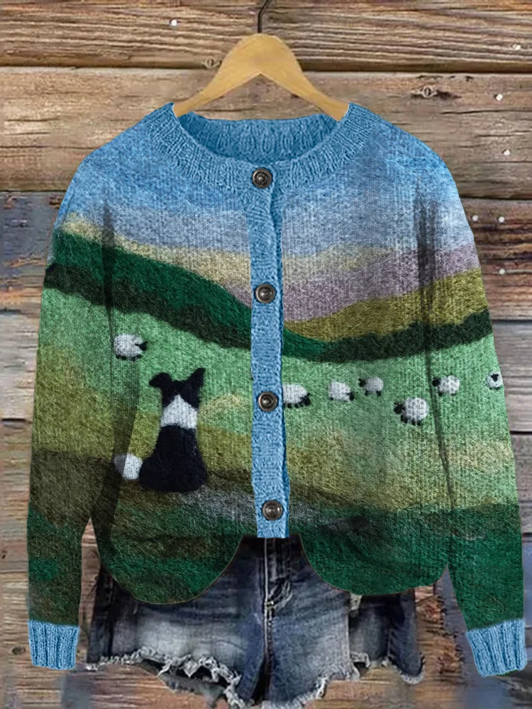 Border Collie & Sheep Landscape Felt Art Cozy Knit Cardigan