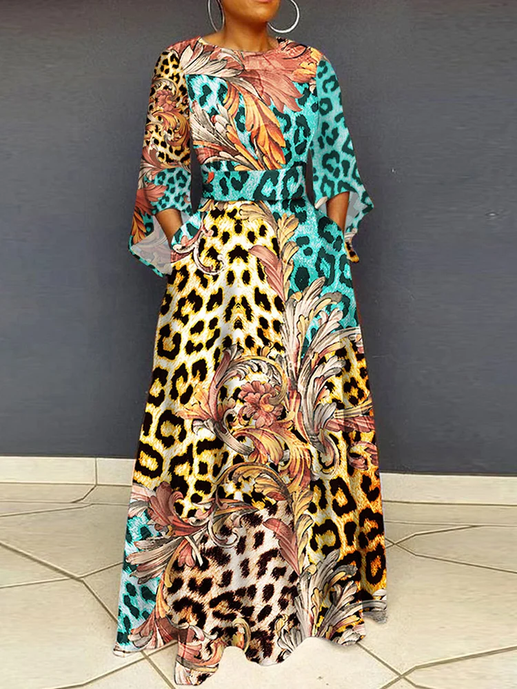Fashion Colorblock Patchwork Flare Sleeve Pocket Maxi Dress