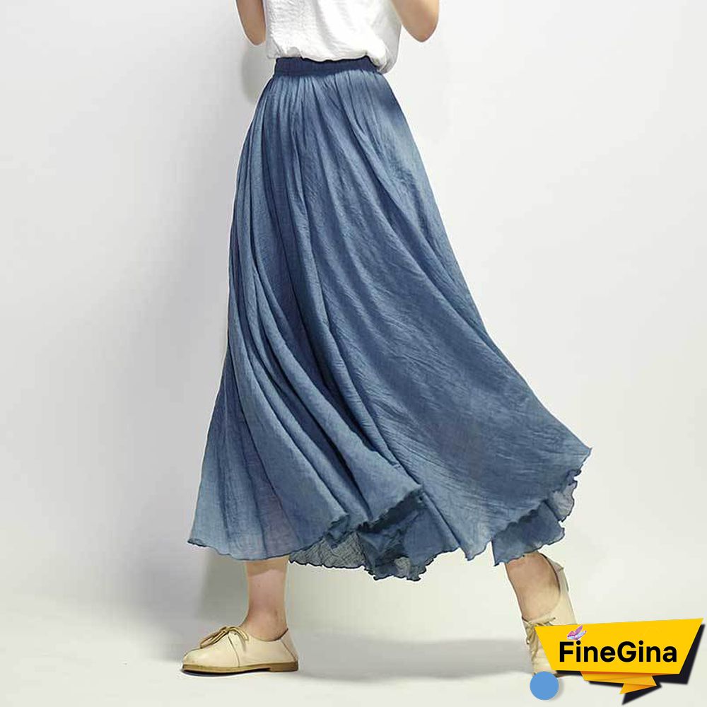 Women Linen Cotton Long Skirts Elastic Waist Pleated Maxi Skirts Beach Boho Vintage Summer Skirts Faldas Saia