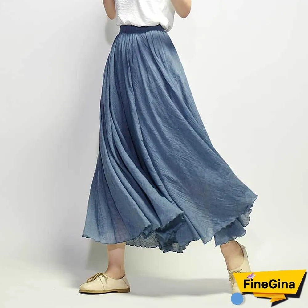 Women Linen Cotton Long Skirts Elastic Waist Pleated Maxi Skirts Beach Boho Vintage Summer Skirts Faldas Saia