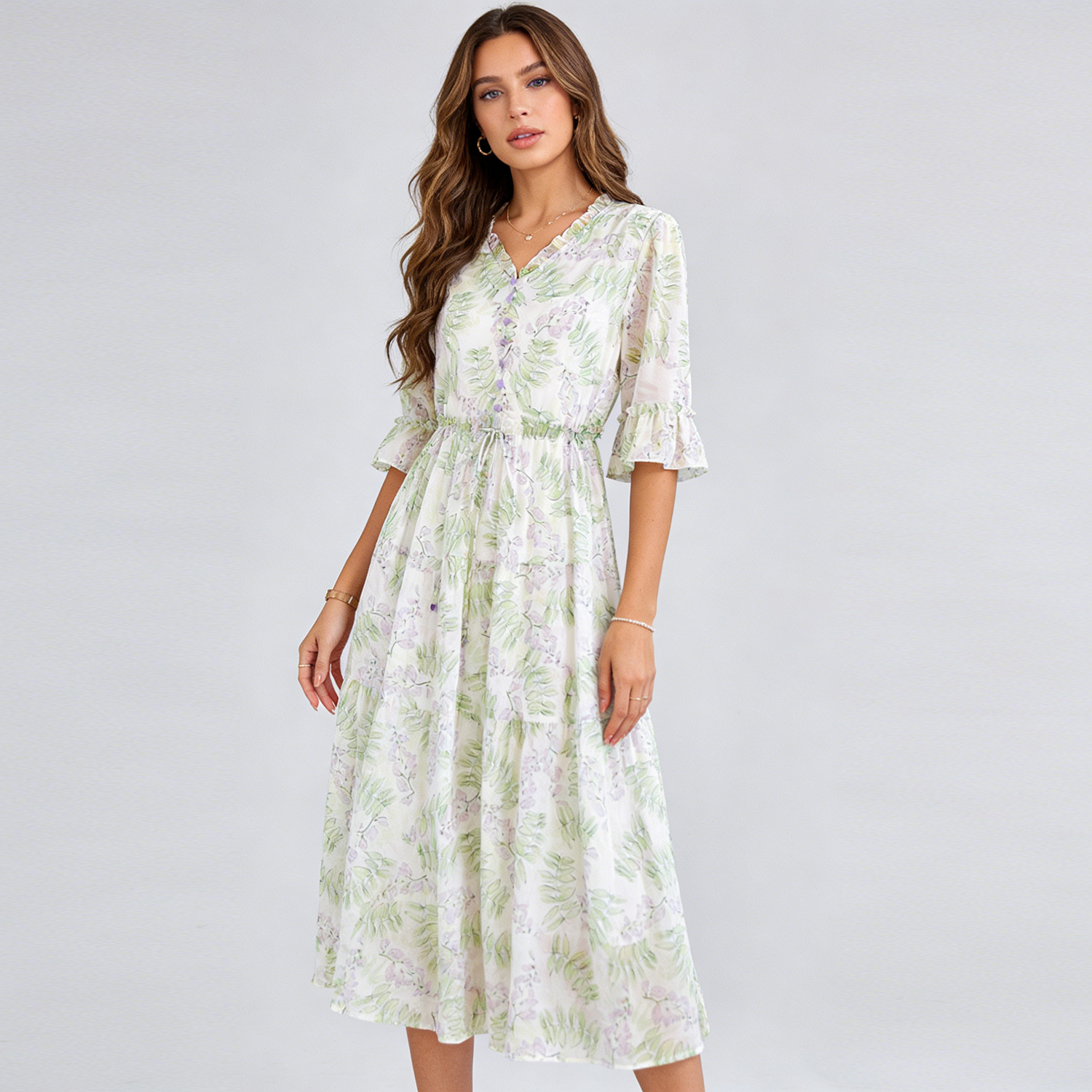 Silk Floral Print Dress Gentle For Vacation REAL SILK LIFE