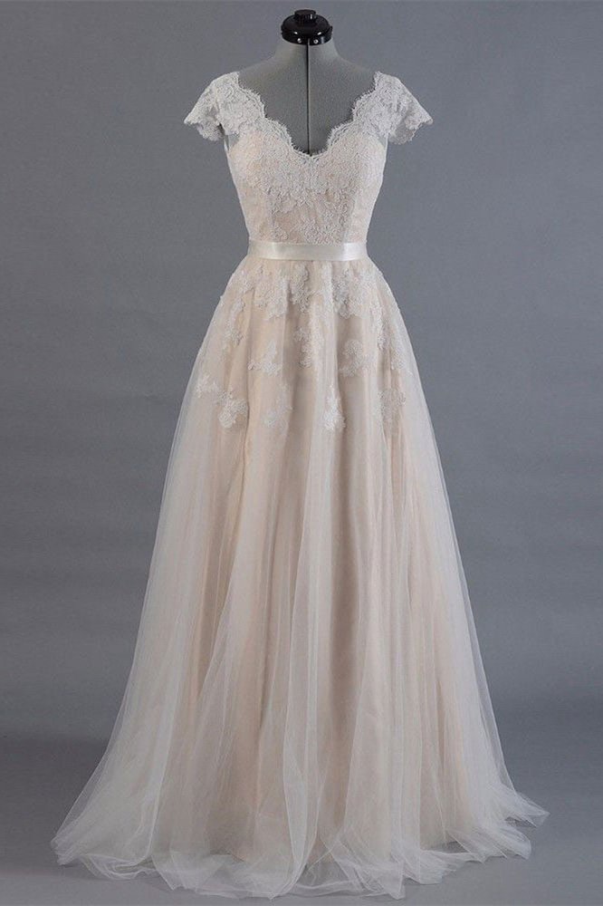 Short Sleeves Lace Long Wedding Dress PD0370