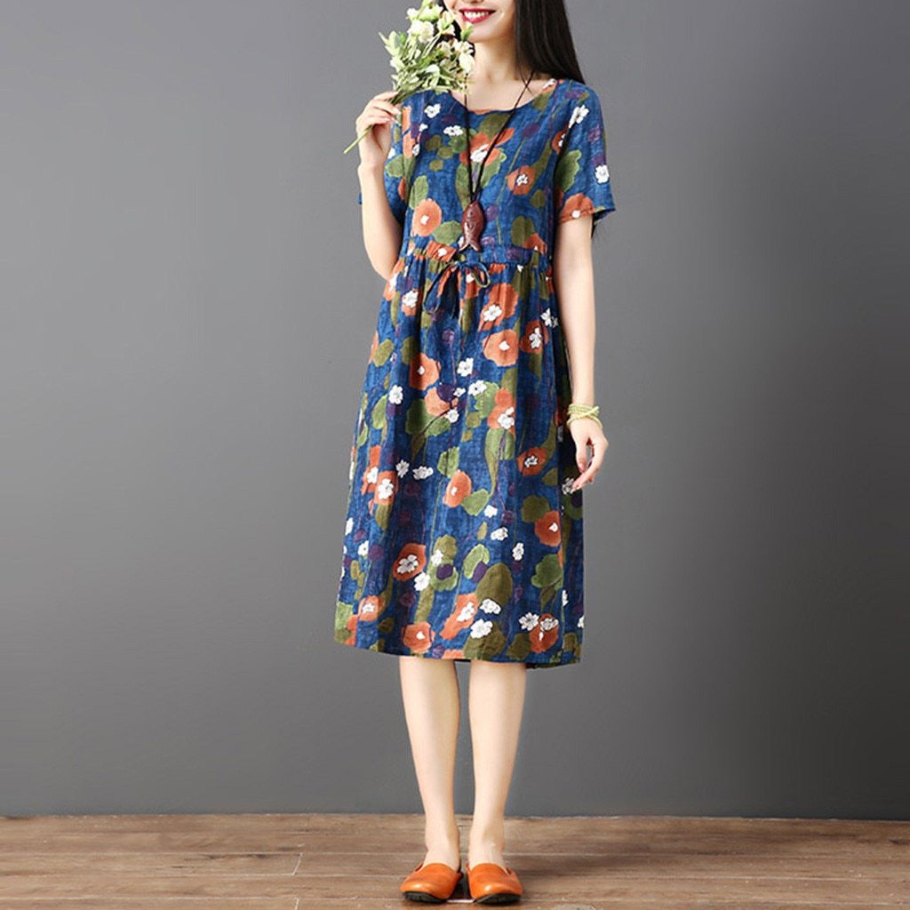 Vintage Print Abstract Short Sleeve Loose Casual Dress