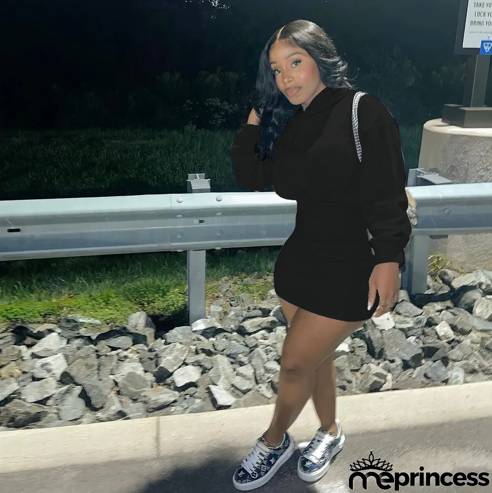 Solid Hooded High Waist Long Sleeve Mini Dress