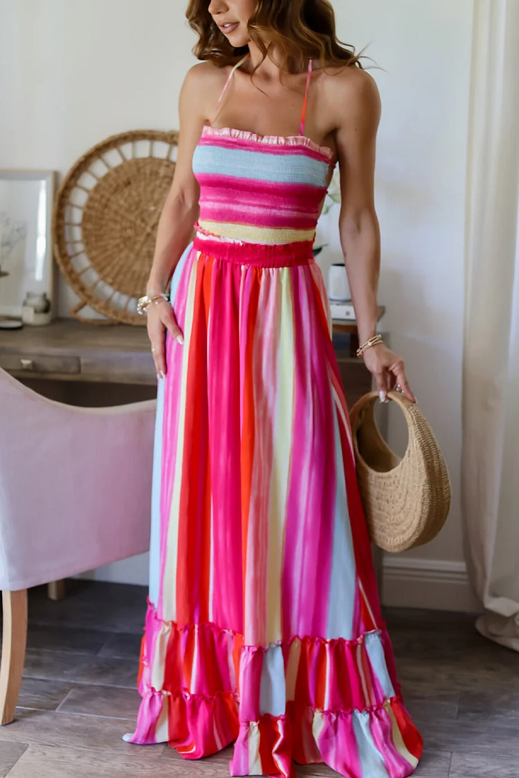Colorblock Cinch Waist Halter Open Back Maxi Dresses-Fuchsia [Pre Order]