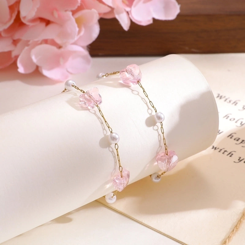 Stainless Steel Plated 18K Gold Chain Pink Butterfly Love Imitation Pearl Children’s Bracelet