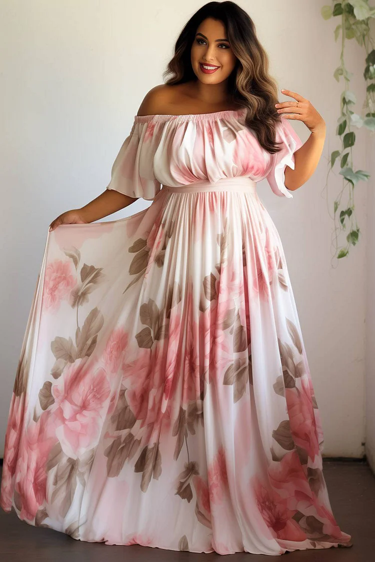Xpluswear Design Plus Size Wedding Guest Multicolor Floral Off The Shoulder Knitted Maxi Dresses [Pre-Order]