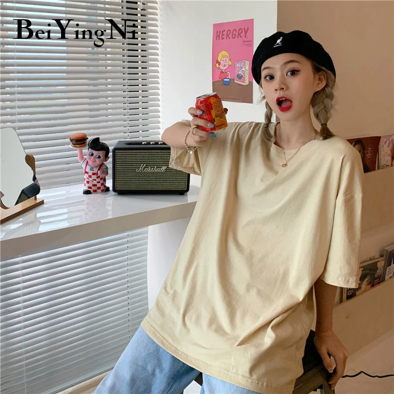 Beiyingni Plus Size Cotton Woman T Shirt Solid Color Loose Oversized T-shirt Female Summer Short Sleeve Korean Top White Clothes