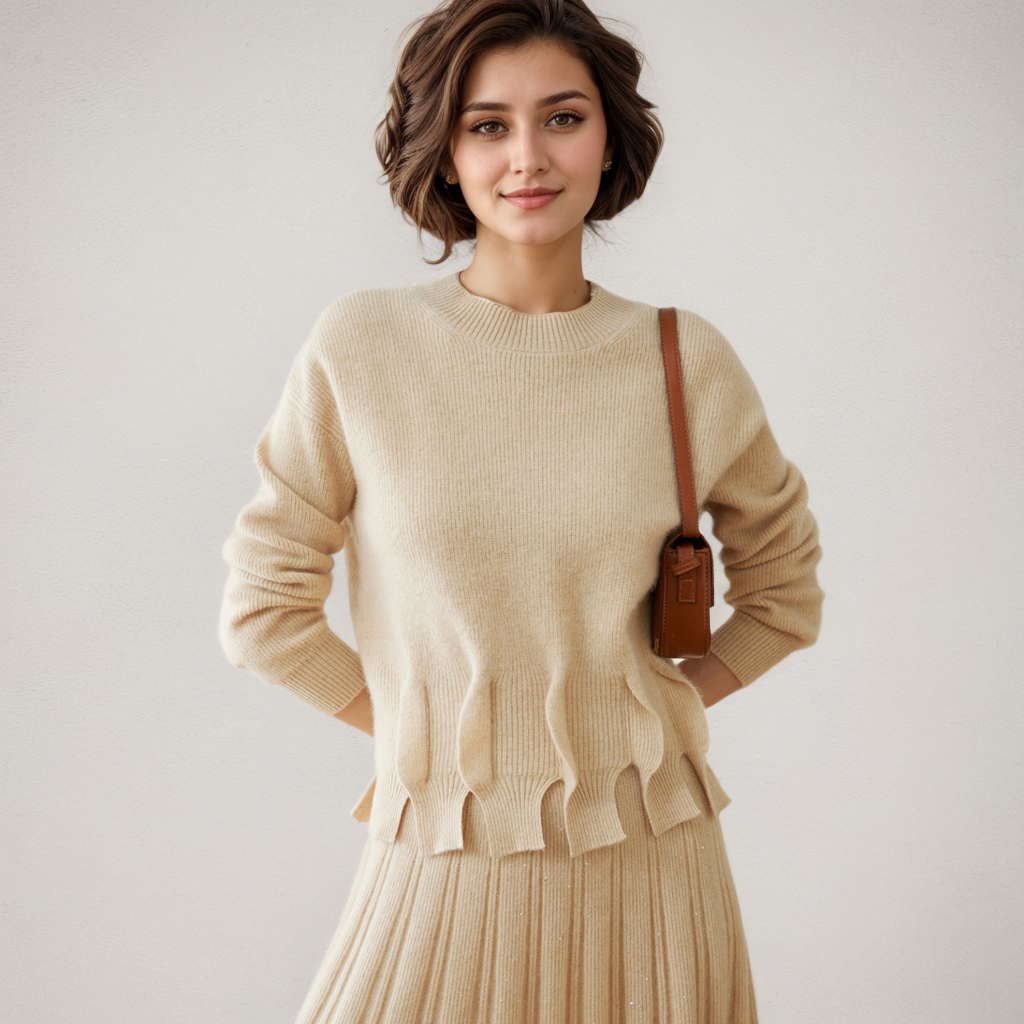 Pull en cachemire à ourlet à pompons vintage pour femme- SOIE PLUS