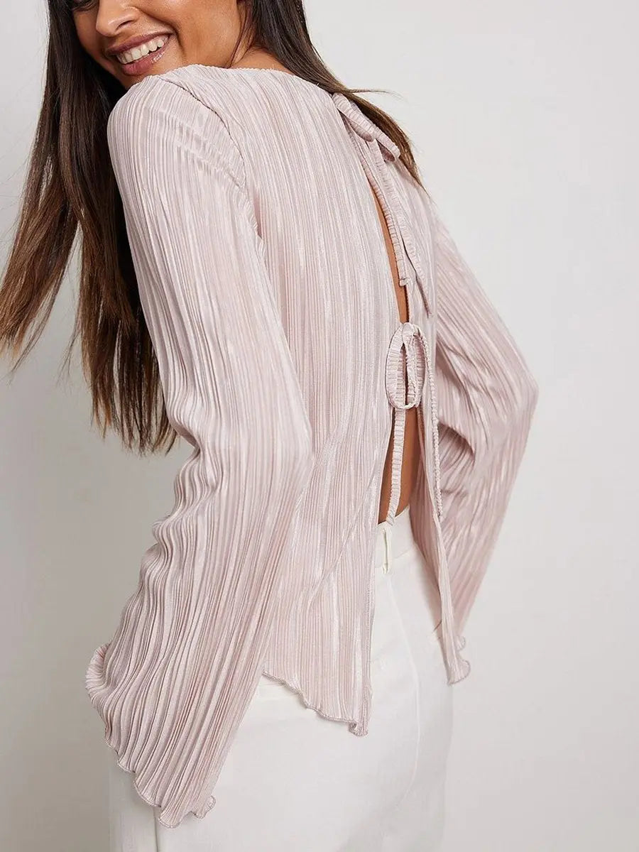 Bare Back Lace Up Pleated Long Sleeve T-Shirt