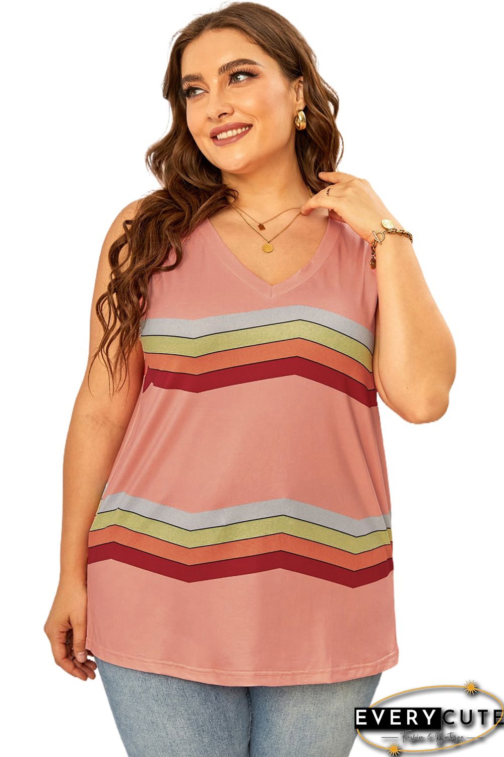Pink Striped Colorblock V Neck Plus Size Tank