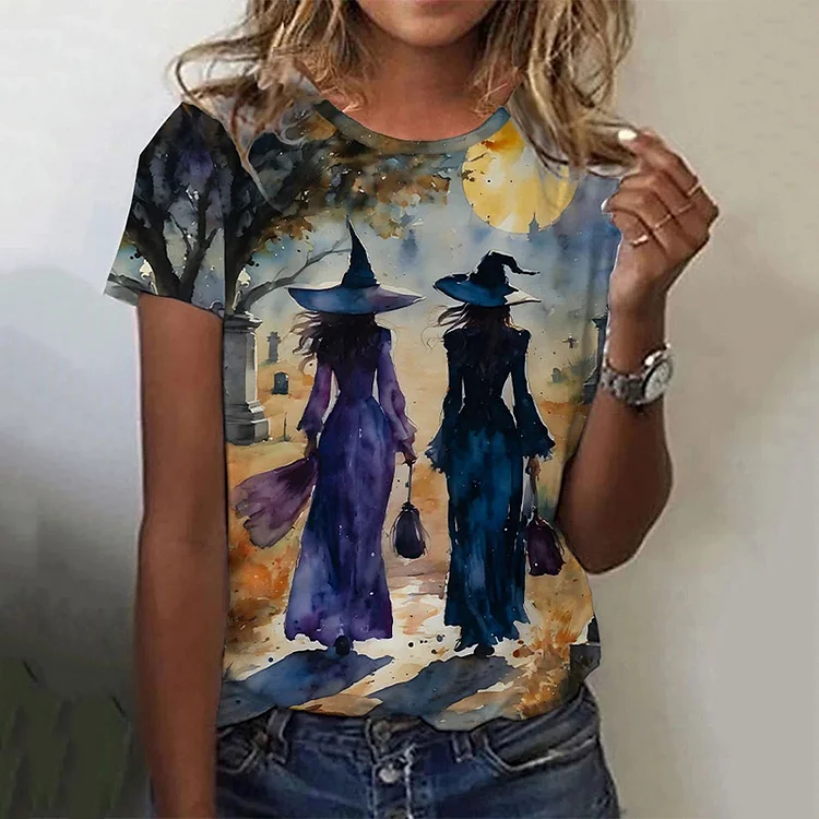 Comstylish Women's Witches Crossing the Graveyard Print T-shirt