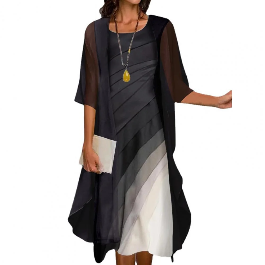 Large Hem Chiffon Women's Dresses Lady Cape Set Elegant 3/4 Sleeve Pleated Gradient Shawl Coat Dress Set платье женское летнее