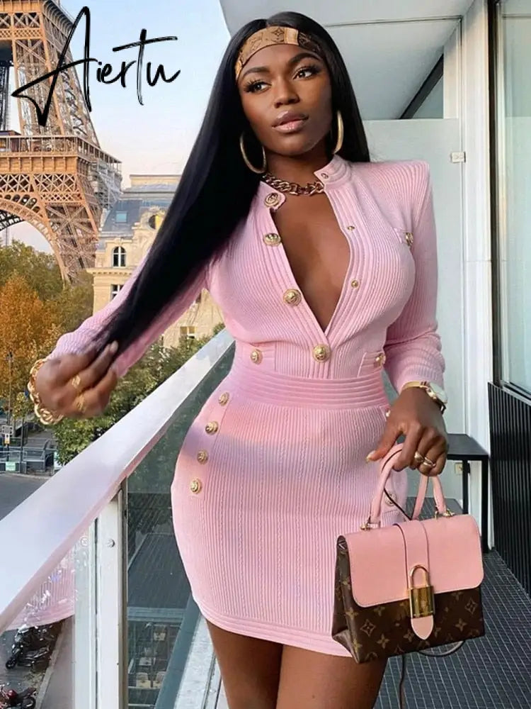 Elegant Evening Club Party Dress New Winter Style Sexy Long Sleeve Key Hole Button Pink Mini Women Bodycon Bandage Dress Aiertu