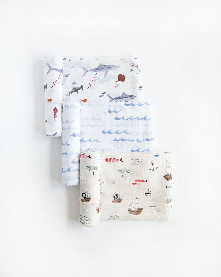 Cotton Muslin Swaddle Blanket 3 Pack - Shark 2