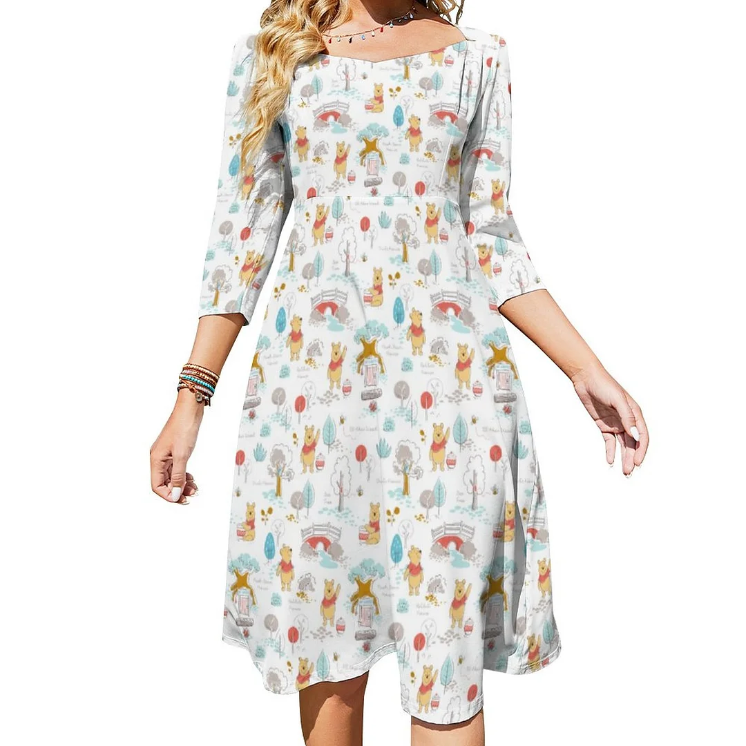 Cute Bear In The Hundred Acre Wood Dress Sweetheart Tie Back Flared 3/4 Sleeve Midi Dresses