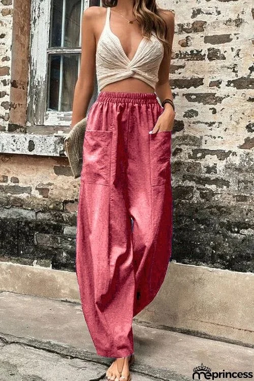 Resort Casual Elastic Waist Loose Trousers