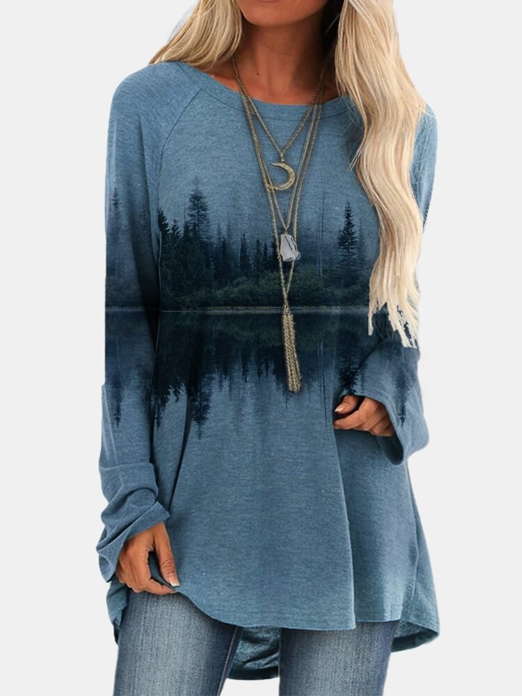 Landscape Printed Long Sleeve O neck Asymmetrical T shirt For Women P1743051