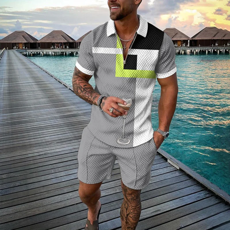 Geometric Cube Color Contrast Polo Shirt And Shorts Two-Piece  Co-Ord