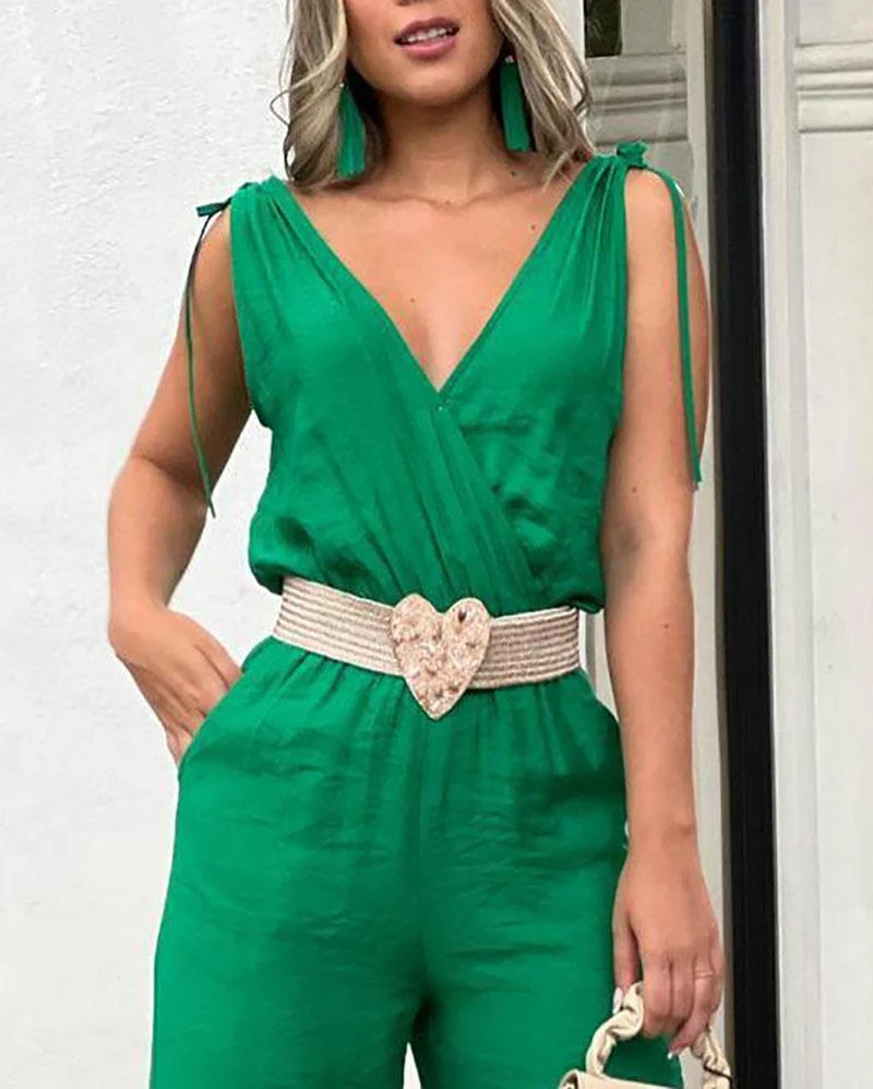 Solid V-Neck Sleeveless Lace-Up Jumpsuit