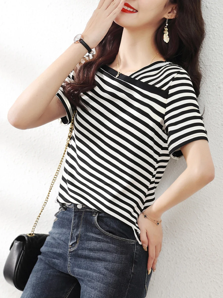 Athvotar Athvotar Thin Style 2025 New Retro-Collending V-Neck Striped Knitted Shirt Short-Sleeved T-Shirt Top For Women's Summer