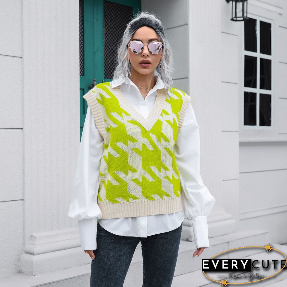 Houndstooth V-neck Vest Sweater Women's Tank Tops Outer Wear Inner Autumn And Winter Knitted Sweaters New Sweater