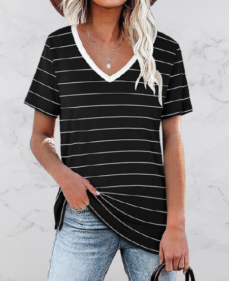 Striped Casual Cotton-Blend Short Sleeve Shirts & Tops