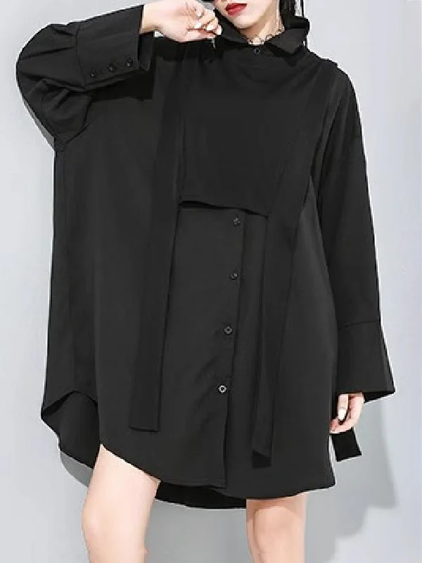 Irregular Clipping Long Sleeves Split-Joint Lapel Two Pieces Blouse