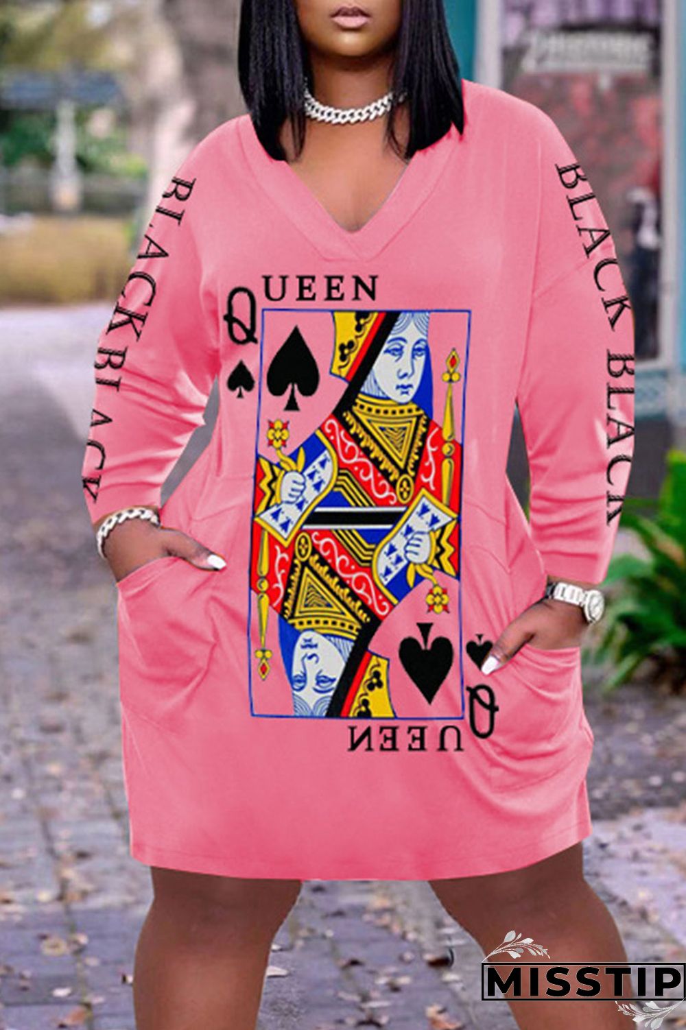 Dark Brown Casual Print Patchwork V Neck Long Sleeve Dresses