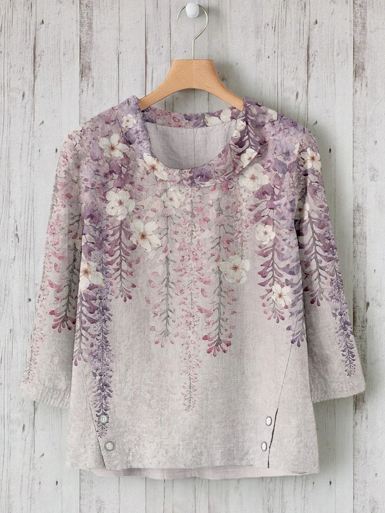 Comstylish Hanging Wisteria Flowers Art Linen Blend Shirt