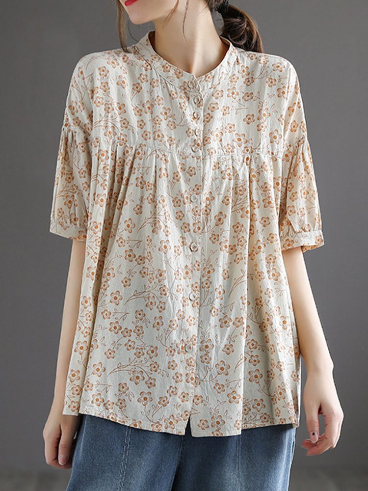 Floral Print Loose Short Sleeve Stand Collar Button Vintage Blouse P1858163