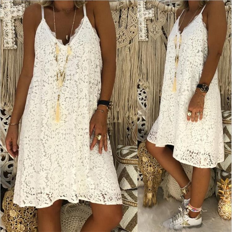 Solid Sleeveless V-Neck Lace Loose Dress