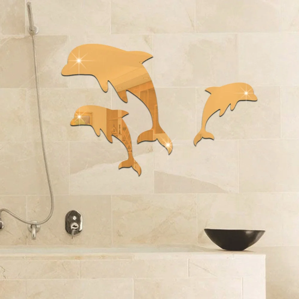 3pcs Dolphin Ocean Animal Decor Mirror Sticker Decorative Mirrors Irregular Plastic Floor Mirror Bathroom Decor Bedroom Acrylic