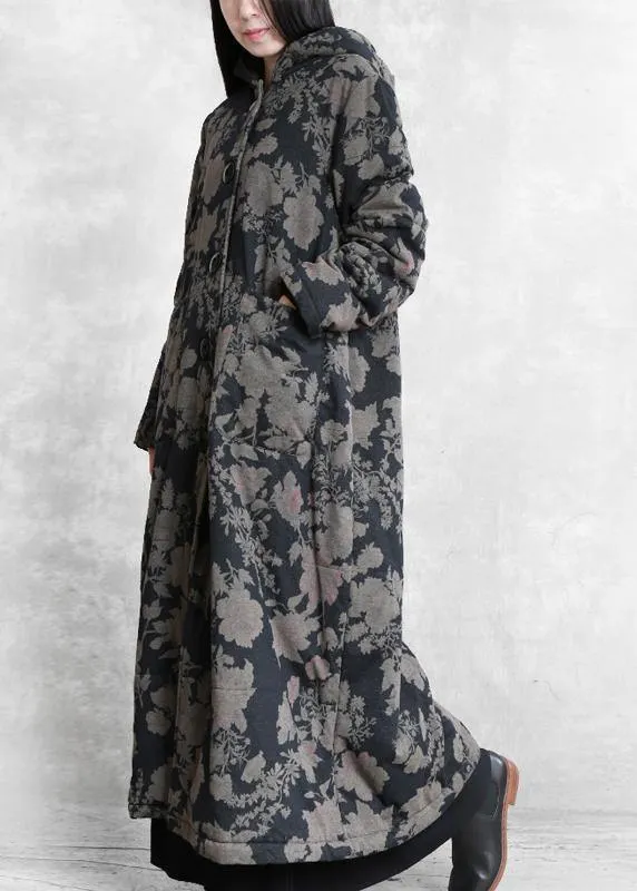 Luxury plus size snow coats black print hooded Button Down women parka