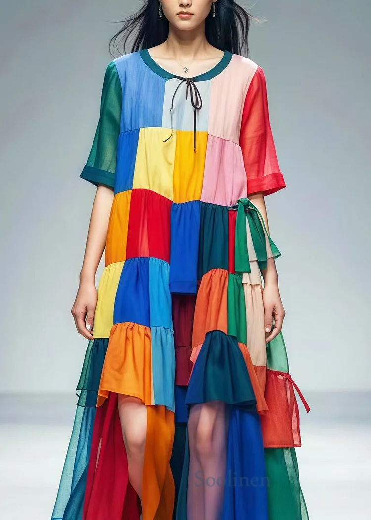 Bohemian Colorblock Oversized Patchwork Tulle Beach Dress Summer