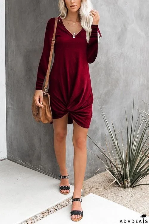 Knot V Neck Long Sleeve Mini Dress