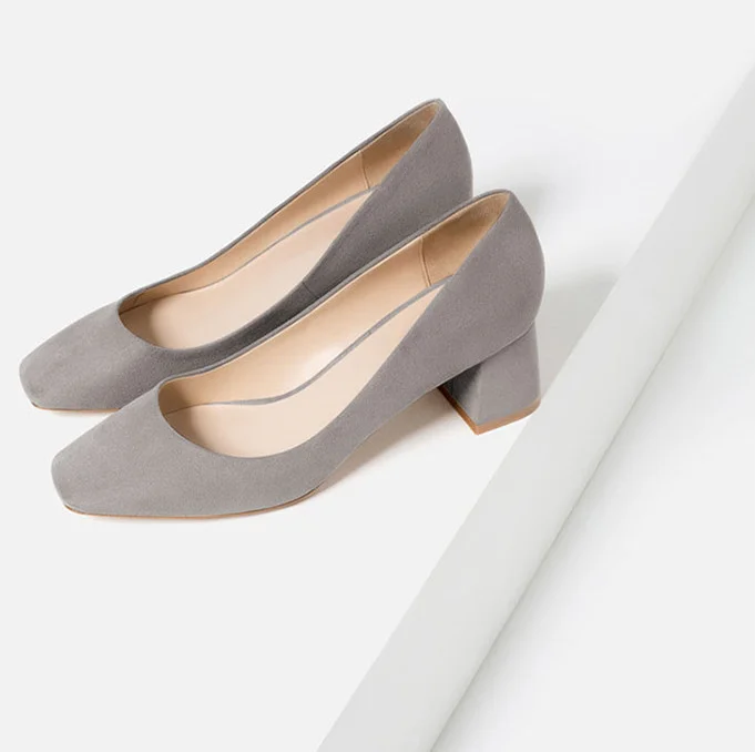 Grey Suede Square Toe Block Heels Commuting Office Shoes |FSJ Shoes