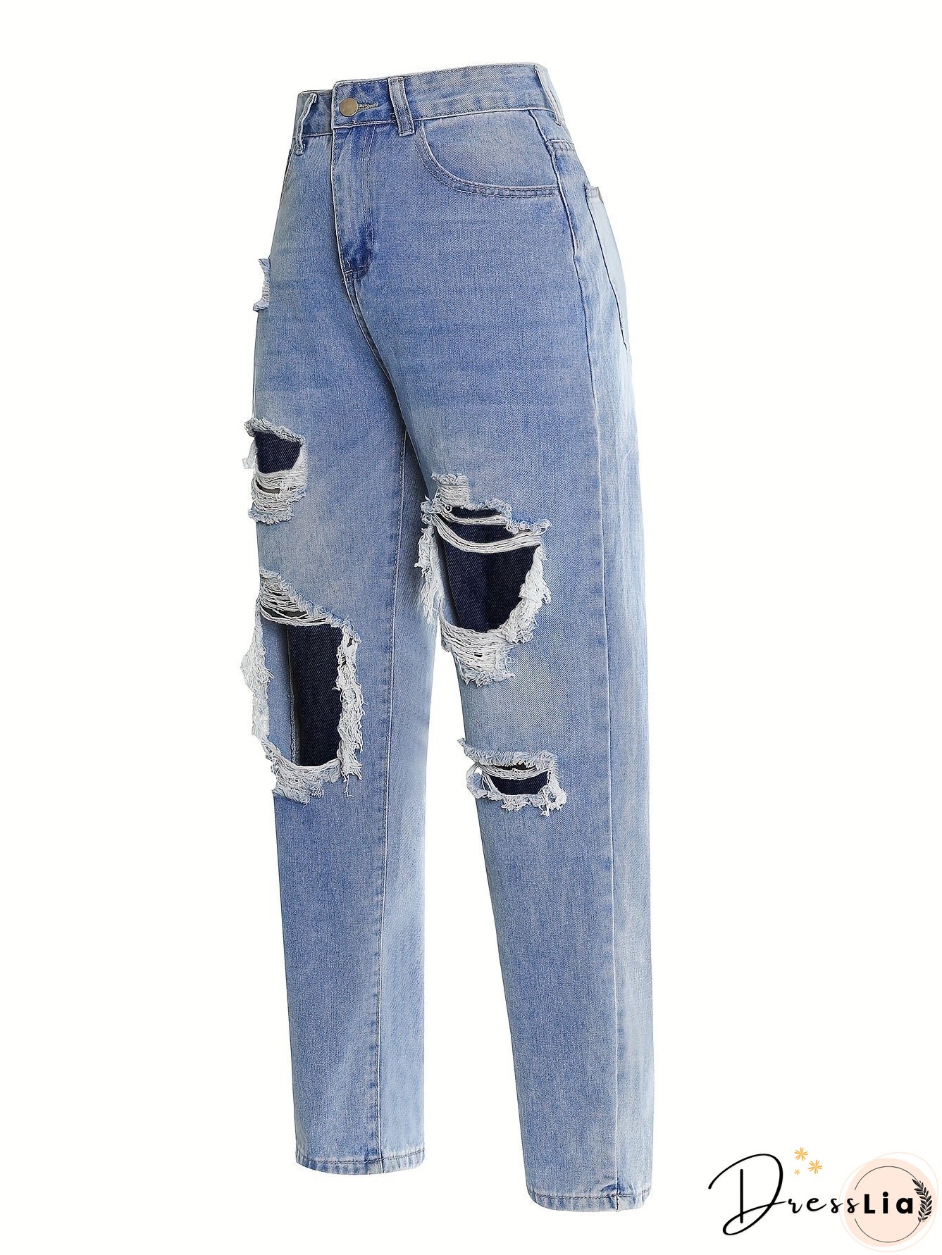 Blue Ripped Straight Jeans Slash Pockets High Waist Distressed Denim Pants Womens Clothing