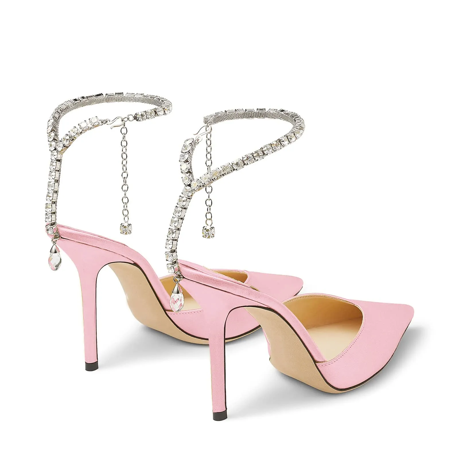 100mm Women's Sandals Crystal Chain Ankle Straps Rhinestones Buckle Heels Stiletto Satin Dress Shoes-vocosishoes