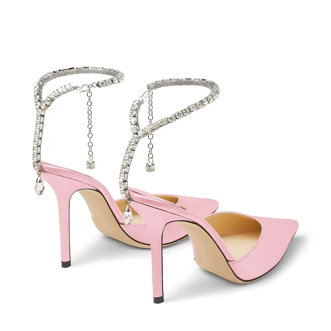 100mm Women's Sandals Crystal Chain Ankle Straps Rhinestones Buckle Heels Stiletto Satin Dress Shoes-vocosishoes