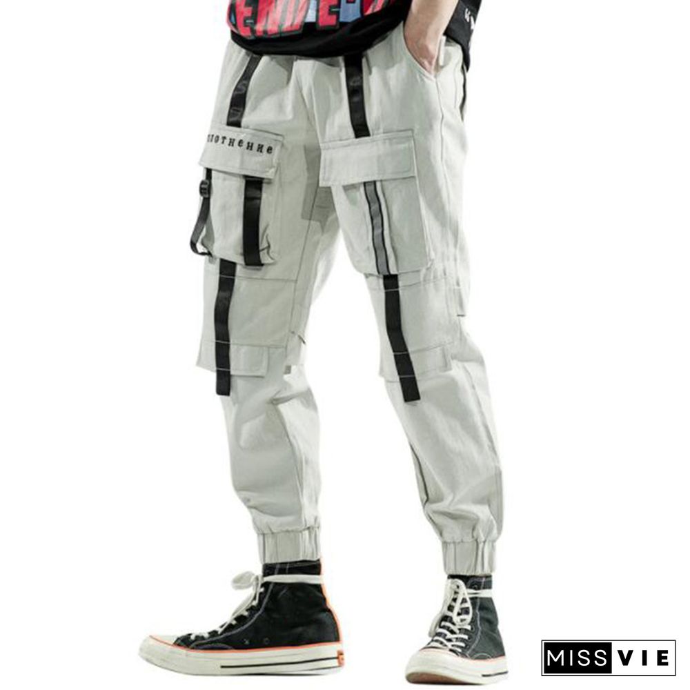 Men's Tech Style Decorative Webbing Multi-Pocket Trousers