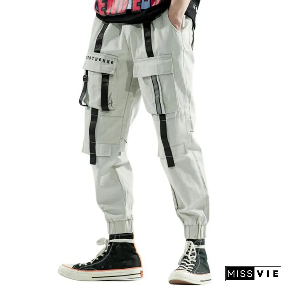 Men's Tech Style Decorative Webbing Multi-Pocket Trousers