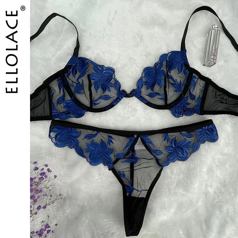 Ellolace Exotic Sensual Lingerie Woman Sexy Transparent Underwear Set Black Erotic Costumes Hot Sex Lace Underwire Intimate