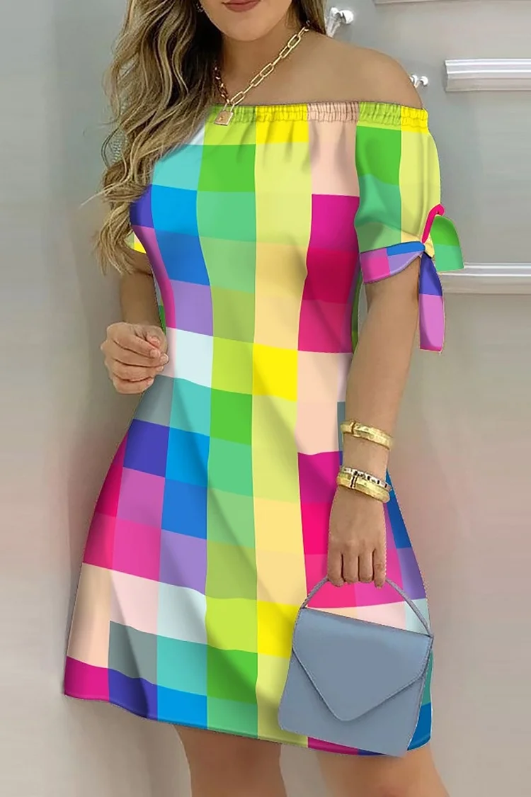 Xpluswear Plus Size Multicolor Daily Rainbow Colorblock Off The Shoulder Mini Dresses 
