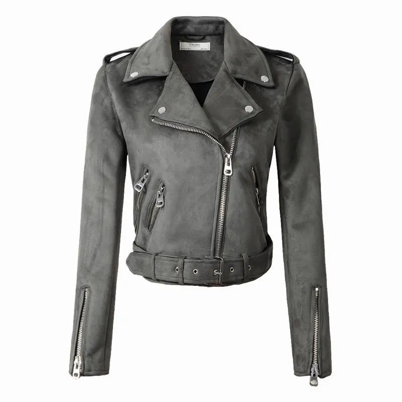 FTLZZ Women Faux Suede Jacket Coats Motorcycle Zipper Turndown Collar Faux Soft Leather Overcoat Female Black Punk Short Jacket