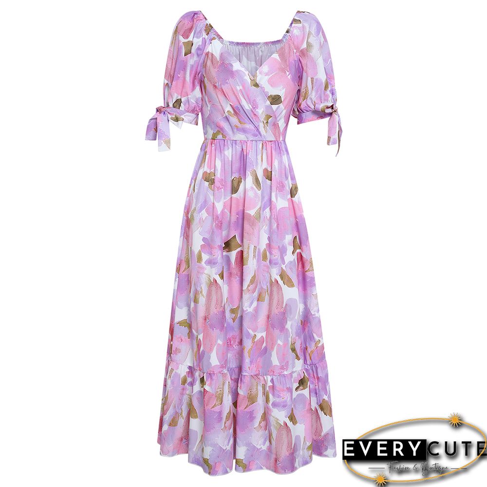 Purple Pink Floral Print Puff Sleeve Long Dress