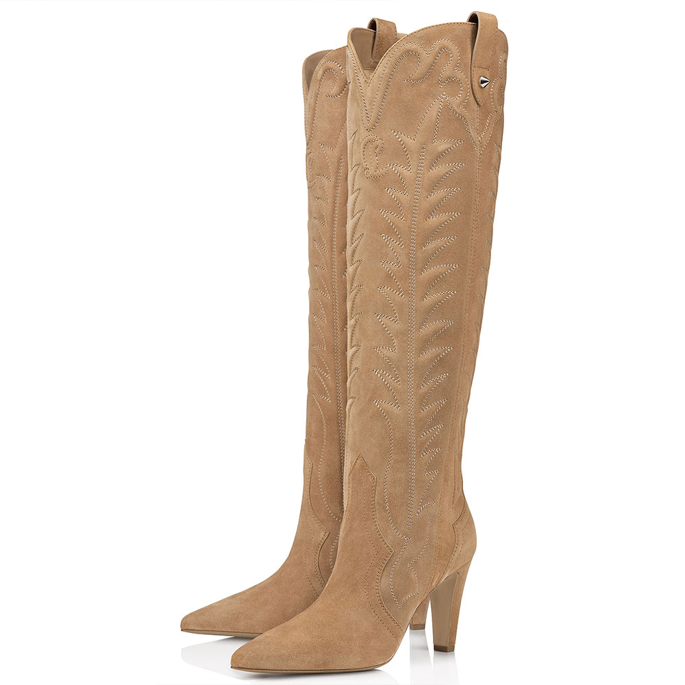 Tan Vegan Suede Pointy Toe Stitching Heeled Knee High Cowgirl Boots